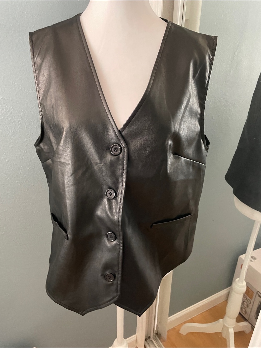 Black Faux Leather Button Vest